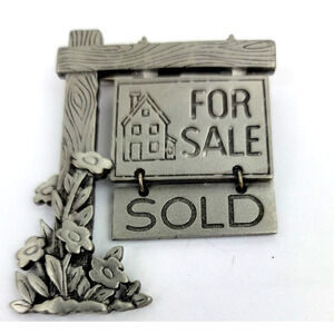 Signed JJ House For Sale SOLD Sign Silver Tone Brooch Pin Jonette Jewelry 2.25in
